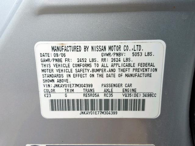 JNKAY01E77M304399 - 2007 INFINITI M35 BASE SILVER photo 10