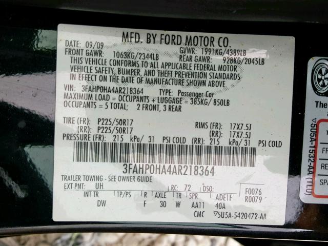 3FAHP0HA4AR218364 - 2010 FORD FUSION SE BLACK photo 10