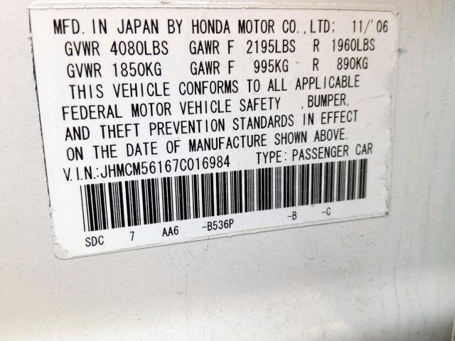 JHMCM56167C016984 - 2007 HONDA ACCORD VAL WHITE photo 10