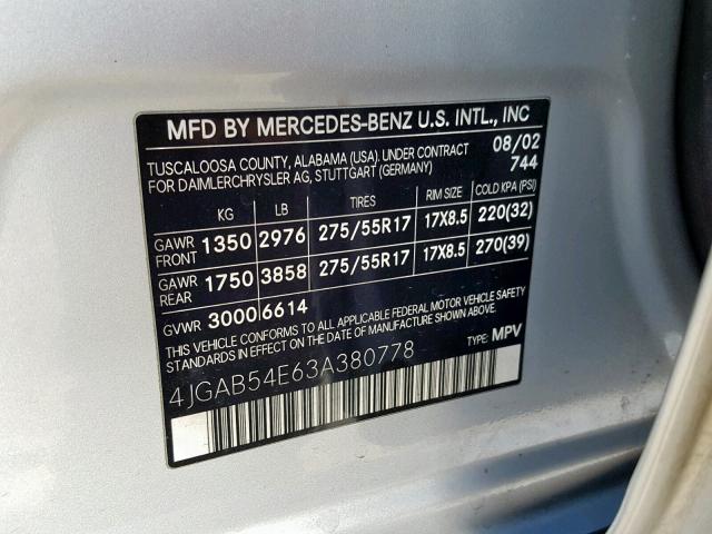 4JGAB54E63A380778 - 2003 MERCEDES-BENZ ML 320 SILVER photo 10