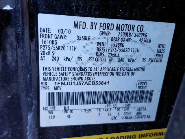 1FMJU1J57AEB53841 - 2010 FORD EXPEDITION BLACK photo 10