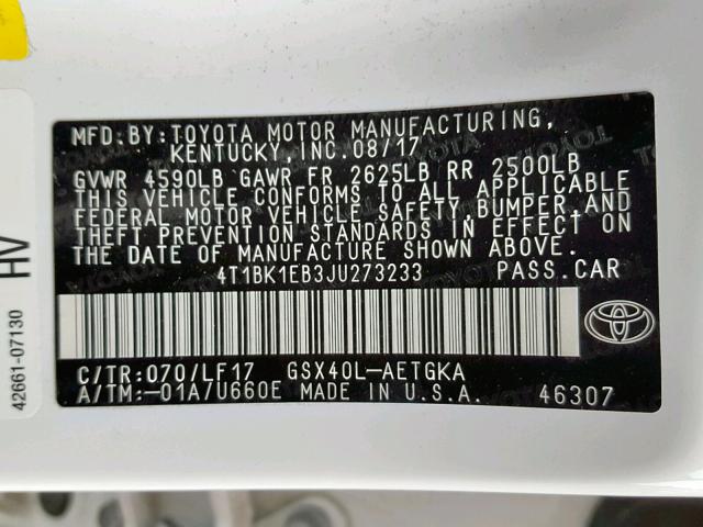4T1BK1EB3JU273233 - 2018 TOYOTA AVALON XLE WHITE photo 10