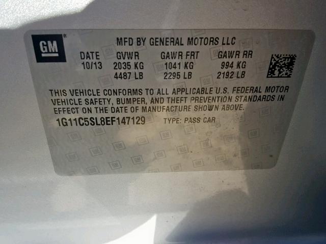 1G11C5SL8EF147129 - 2014 CHEVROLET MALIBU 1LT ვერცხლისფერი ფოტო 10