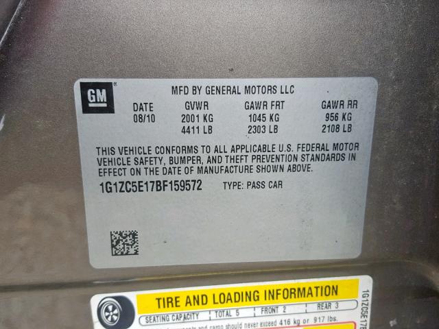 1G1ZC5E17BF159572 - 2011 CHEVROLET MALIBU 1LT ნაცრისფერი ფოტო 10