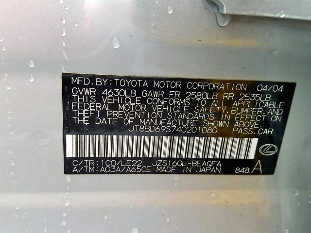 JT8BD69S740201080 - 2004 LEXUS GS 300 GRAY photo 10