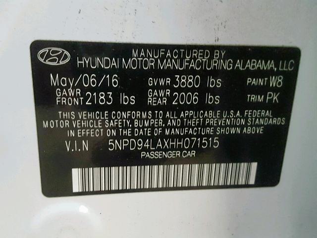 5NPD94LAXHH071515 - 2017 HYUNDAI ELANTRA EC WHITE photo 10