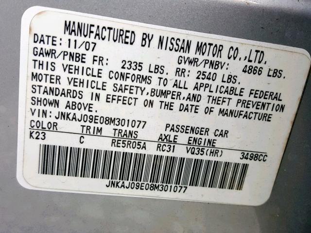 JNKAJ09E08M301077 - 2008 INFINITI EX35 BASE SILVER photo 10
