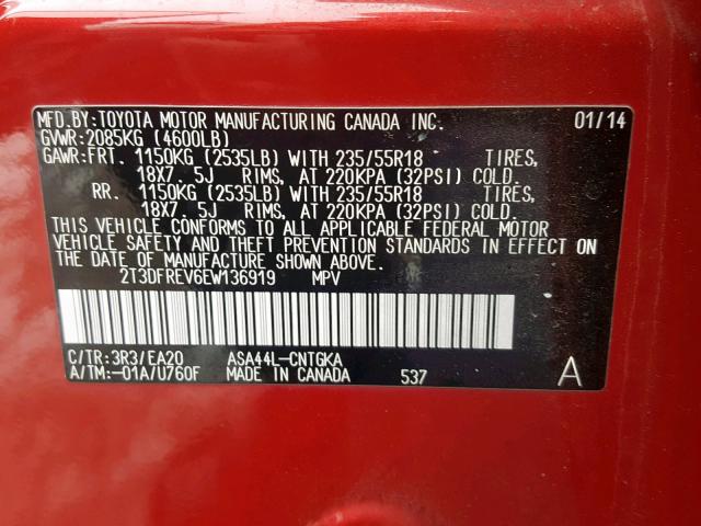 2T3DFREV6EW136919 - 2014 TOYOTA RAV4 LIMIT RED photo 10