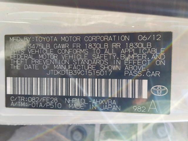 JTDKDTB39C1515017 - 2012 TOYOTA PRIUS C WHITE photo 10