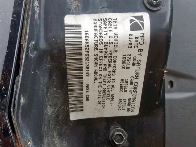 1G8AK52F63Z138147 - 2003 SATURN ION LEVEL BLACK photo 10