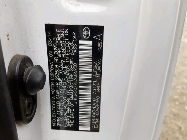 JTKJF5C77E3086950 - 2014 TOYOTA SCION TC 白色 照片 10