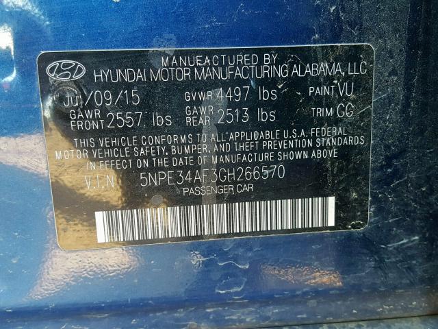 5NPE34AF3GH266570 - 2016 HYUNDAI SONATA SPO BLUE photo 10