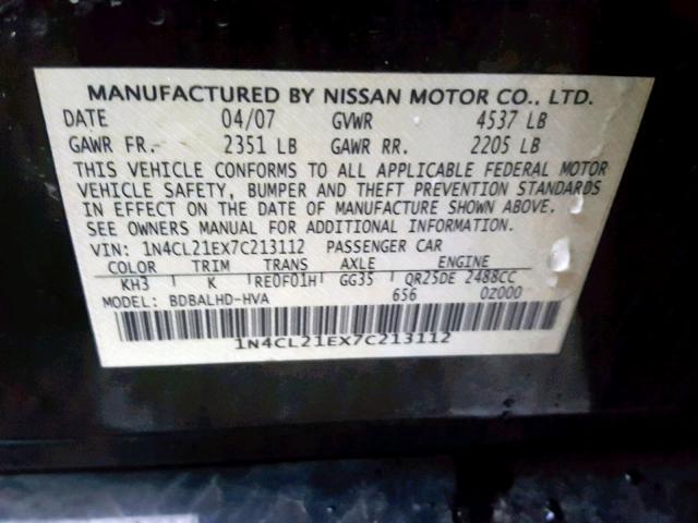 1N4CL21EX7C213112 - 2007 NISSAN ALTIMA HYB GRAY photo 10