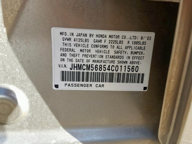 JHMCM56854C011560 - 2004 HONDA ACCORD GOLD photo 10