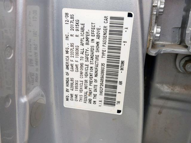 1HGCP26489A086035 - 2009 HONDA ACCORD LXP SILVER photo 10