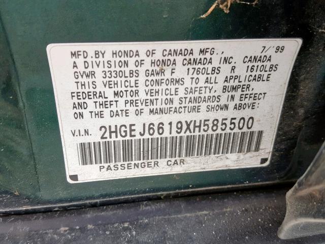 2HGEJ6619XH585500 - 1999 HONDA CIVIC BASE GREEN photo 10