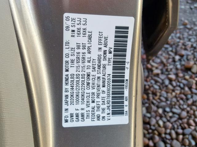 JHLRD788X6C005974 - 2006 HONDA CR-V EX Beżowy zdjęcie 10