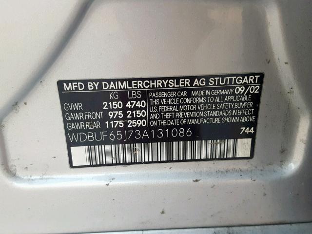 WDBUF65J73A131086 - 2003 MERCEDES-BENZ E 320 SILVER photo 10