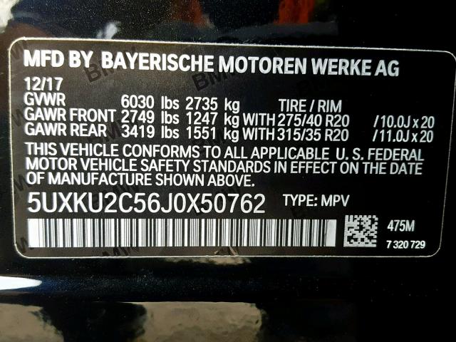 5UXKU2C56J0X50762 - 2018 BMW X6 XDRIVE3 BLACK photo 10