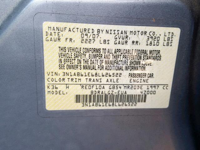 3N1AB61E68L626522 - 2008 NISSAN SENTRA 2.0 GRAY photo 10