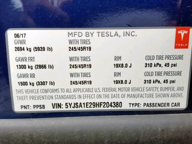 5YJSA1E29HF204380 - 2017 TESLA MODEL S BLUE photo 10