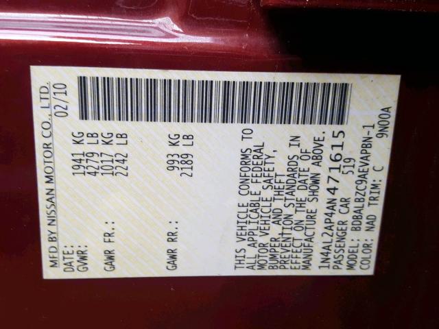 1N4AL2AP4AN471615 - 2010 NISSAN ALTIMA BAS BURGUNDY photo 10