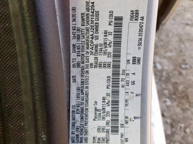 3FADP4AJ2EM154294 - 2014 FORD FIESTA S SILVER photo 10