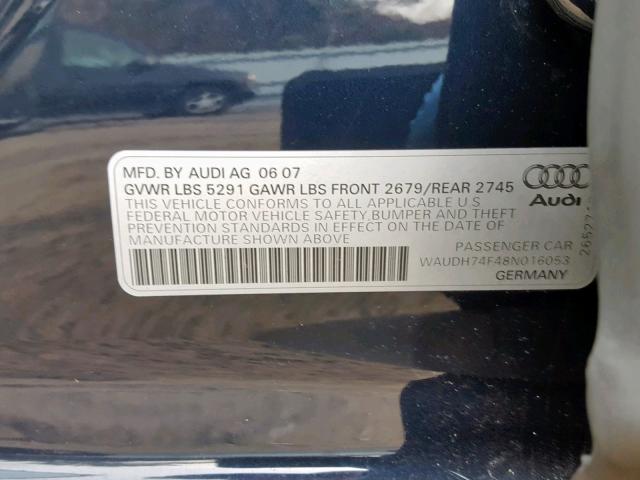 WAUDH74F48N016053 - 2008 AUDI A6 3.2 QUA BLUE photo 10