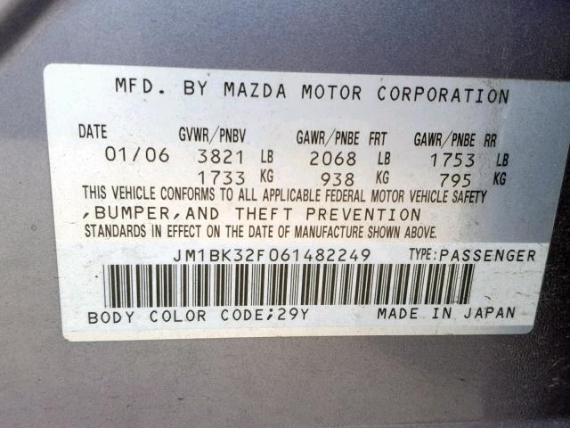 JM1BK32F061482249 - 2006 MAZDA 3 I 灰色 照片 10