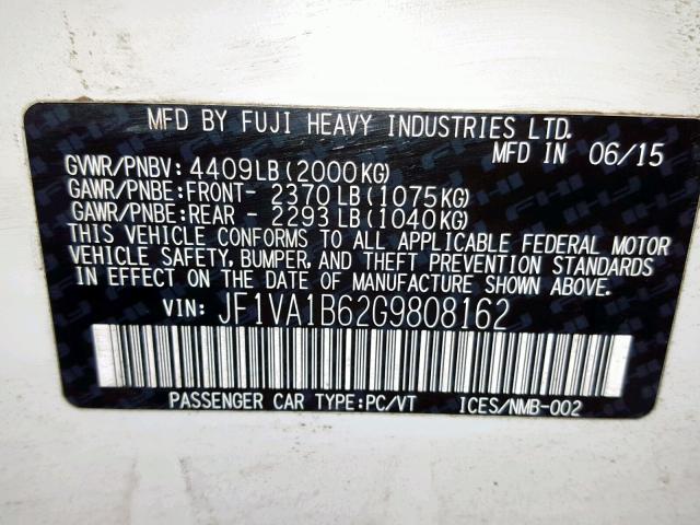 JF1VA1B62G9808162 - 2016 SUBARU WRX WHITE photo 10