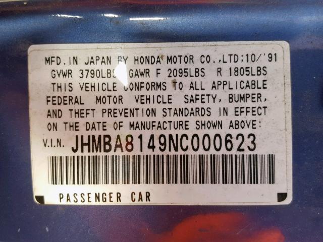 JHMBA8149NC000623 - 1992 HONDA PRELUDE BA BLUE photo 10