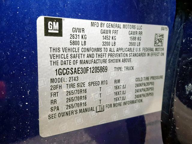 1GCGSAE30F1205869 - 2015 CHEVROLET COLORADO BLUE photo 10