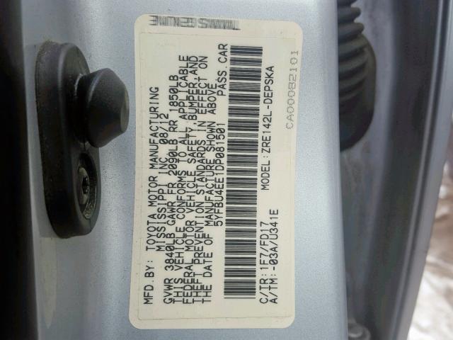 5YFBU4EE1DP081501 - 2013 TOYOTA COROLLA BA SILVER photo 10