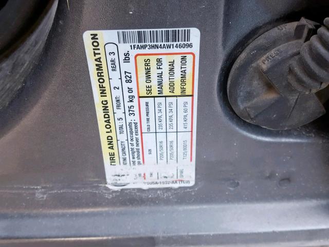 1FAHP3HN4AW146096 - 2010 FORD FOCUS SEL SILVER photo 10