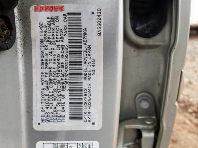 JTDBE32K830192685 - 2003 TOYOTA CAMRY LE SILVER photo 10