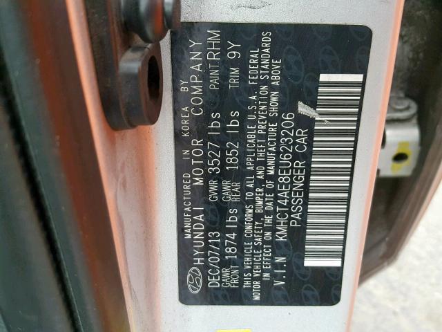 KMHCT4AE8EU623206 - 2014 HYUNDAI ACCENT GLS ვერცხლისფერი ფოტო 10