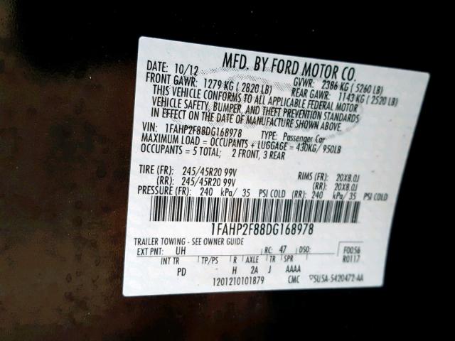 1FAHP2F88DG168978 - 2013 FORD TAURUS LIM BLACK photo 10