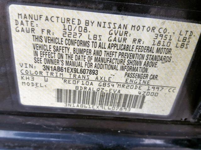 3N1AB61EX9L607893 - 2009 NISSAN SENTRA 2.0 BLACK photo 10