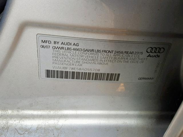 WAUBF78E58A055708 - 2008 AUDI A4 S-LINE SILVER photo 10