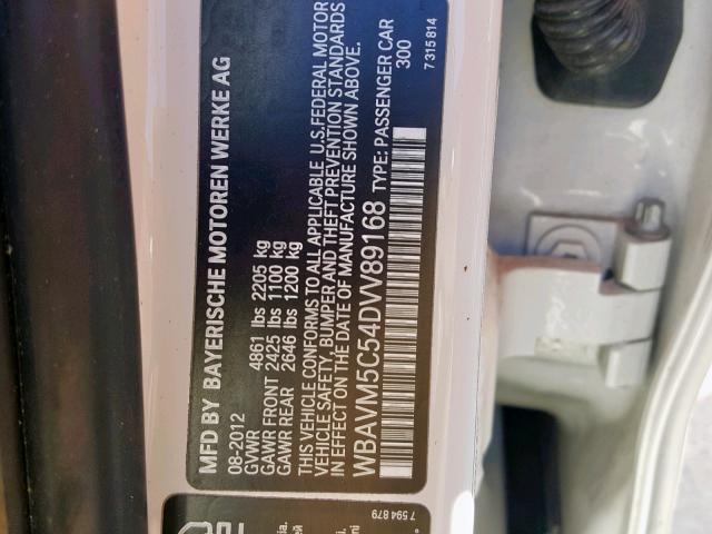 WBAVM5C54DVV89168 - 2013 BMW X1 XDRIVE3 WHITE photo 10