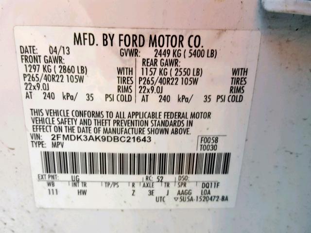 2FMDK3AK9DBC21643 - 2013 FORD EDGE SPORT WHITE photo 10