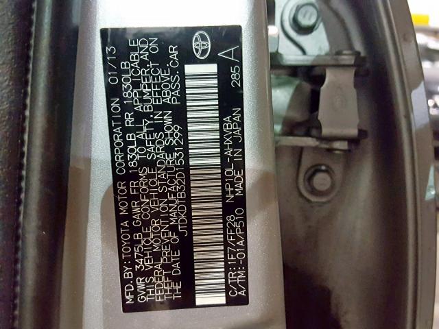 JTDKDTB32D1531299 - 2013 TOYOTA PRIUS C SILVER photo 10