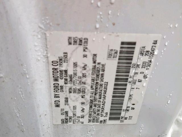 1FTKR1AD1APA62022 - 2010 FORD RANGER WHITE photo 10