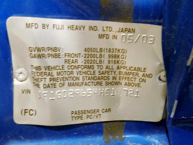 JF1GD29654H510721 - 2004 SUBARU IMPREZA WR BLUE photo 10