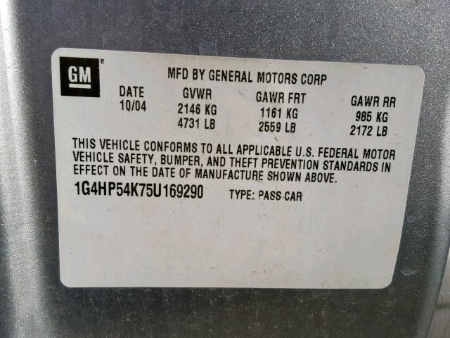 1G4HP54K75U169290 - 2005 BUICK LESABRE CU SILVER photo 10