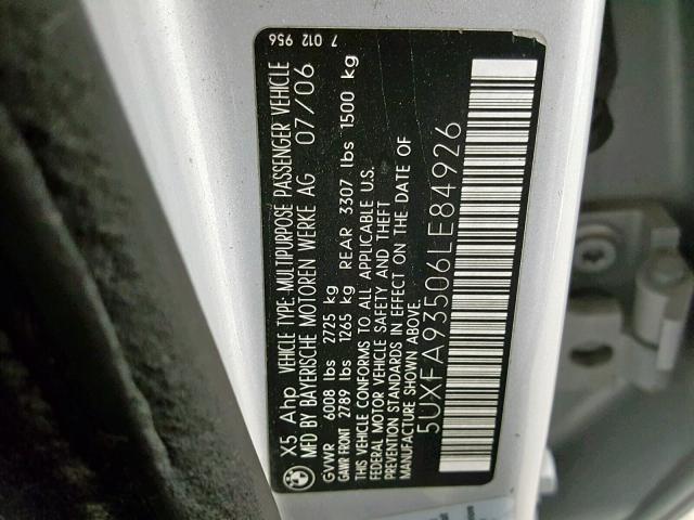 5UXFA93506LE84926 - 2006 BMW X5 4.8IS SILVER photo 10