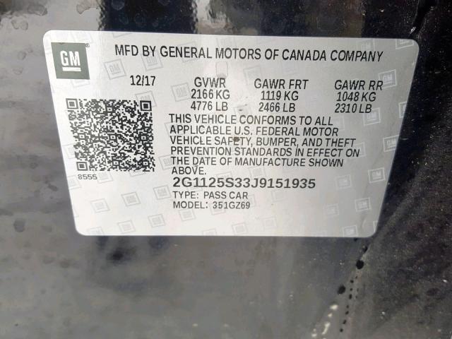 2G1125S33J9151935 - 2018 CHEVROLET IMPALA PRE BLACK photo 10