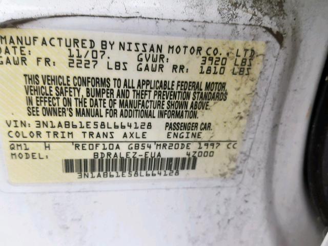 3N1AB61E58L664128 - 2008 NISSAN SENTRA 2.0 WHITE photo 10