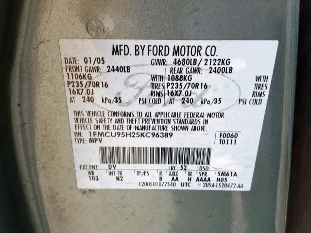 1FMCU95H25KC96389 - 2005 FORD ESCAPE HEV GREEN photo 10