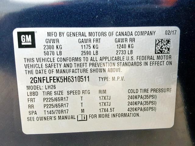 2GNFLFEK5H6310511 - 2017 CHEVROLET EQUINOX LT ლურჯი ფოტო 10